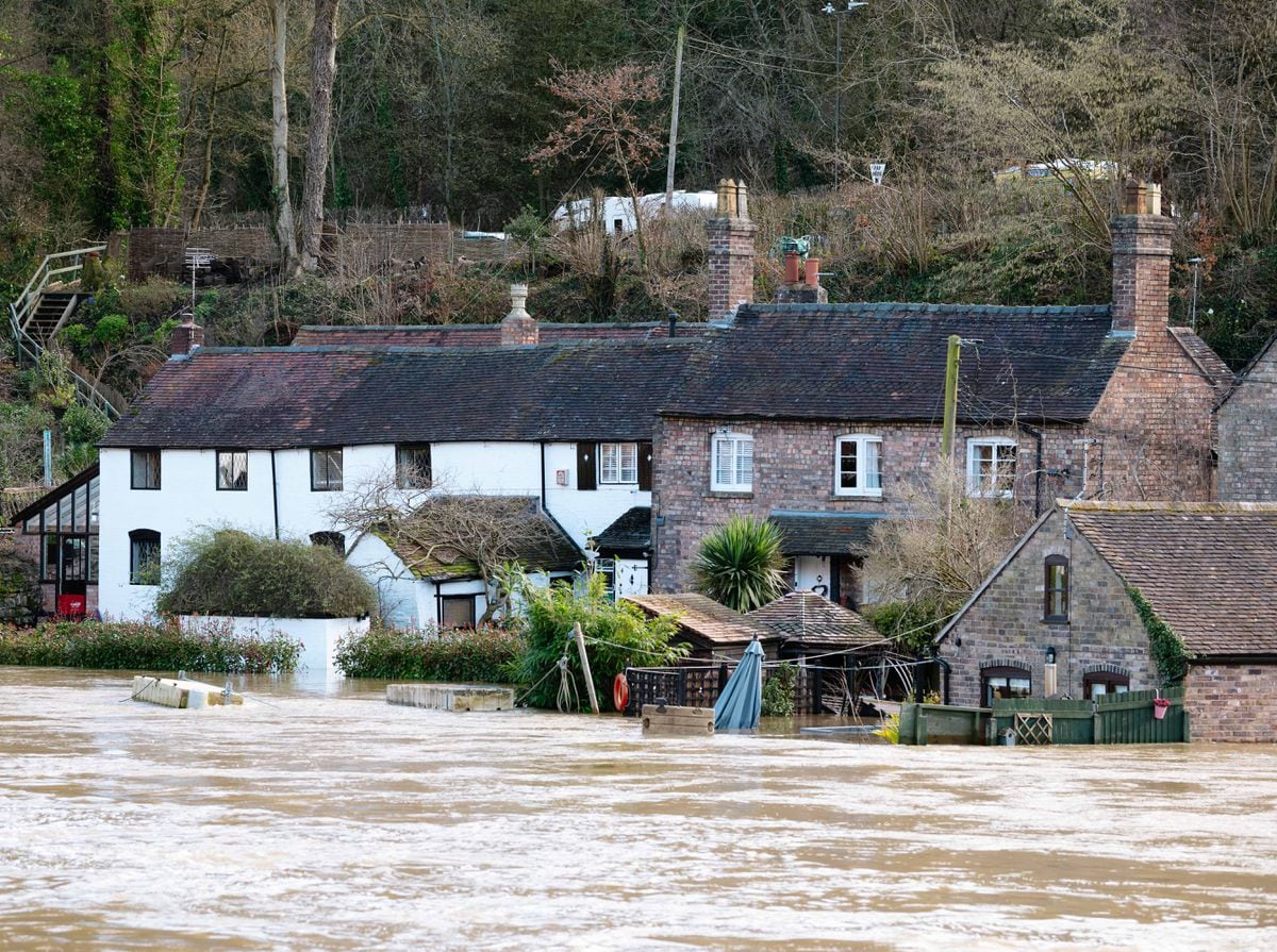 Flooding in Ironbridge, where the Severn has not yet peaked