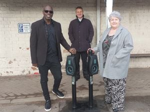 Connected Kerb ambassador Martin Offiah with Councillors Ian Nellins and Peggy Mullock at the Brownlow Street car park in Whitchurch