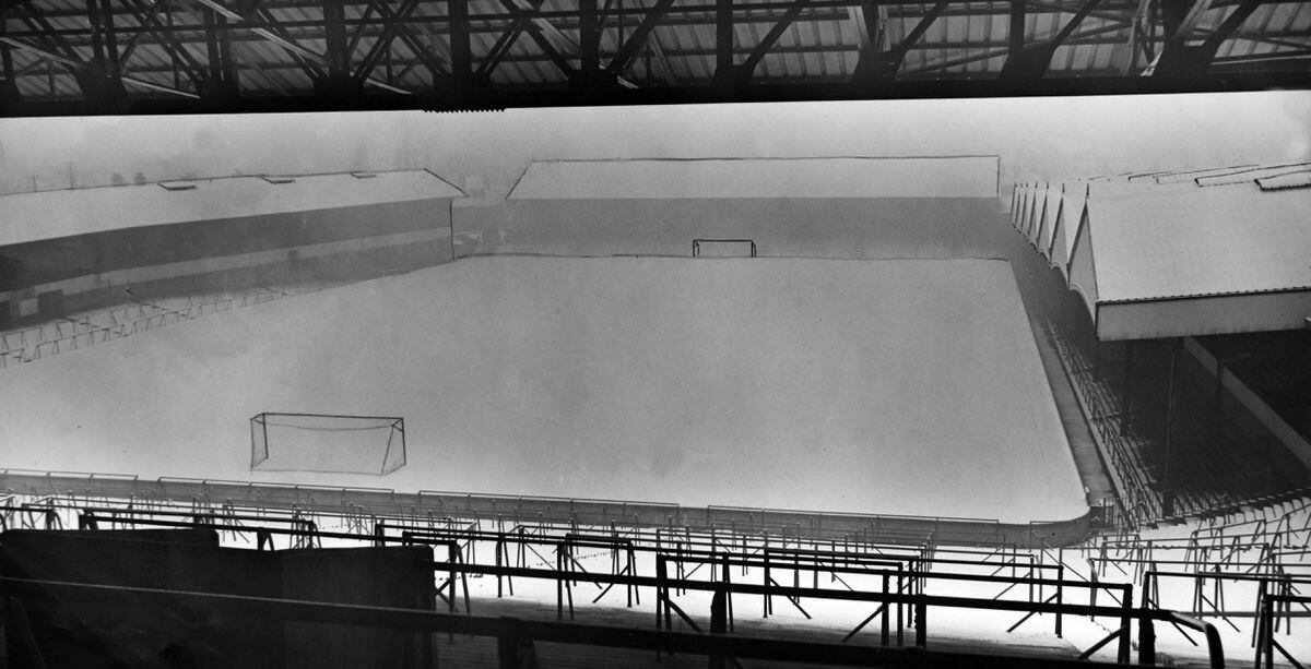 Molineux under snow in February 1953. A proposed big redevelopment in the late 1950s using the same footprint as the old ground never materialised.