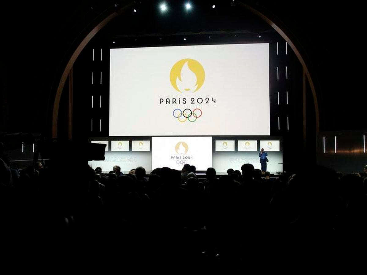 Paris 2024 Olympic logo is displayed on a screen