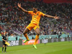 Denzel Dumfries celebrates scoring the Netherlands' third goal