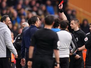 Wolves appeal and Matheus Nunes is sent off - a red card that was later rescinded. Picture: Mike Egerton/PA Wire.