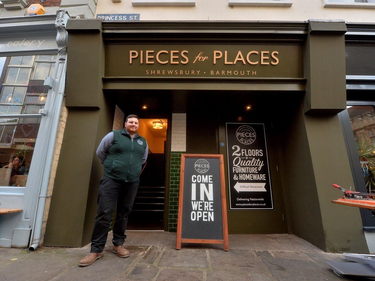 Boss Jack Brooks outside the new Pieces for Places shop in Shrewsbury