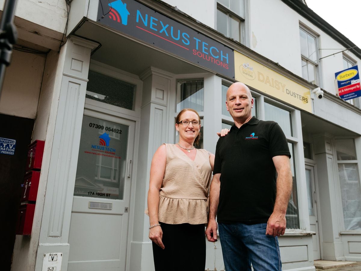 Katie and Richard Clarke of Nexus Tech Solutions outside their Market Drayton office