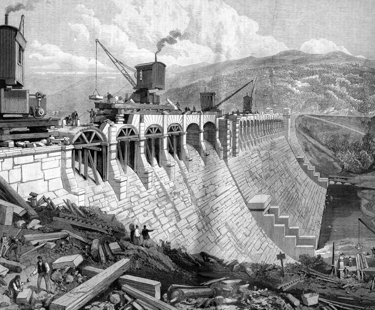 Engraving in the Illustrated London News of February 23, 1889, of construction of the Lake Vyrnwy dam. This magazine was found by Mr Eilir Morris, then of Telford.