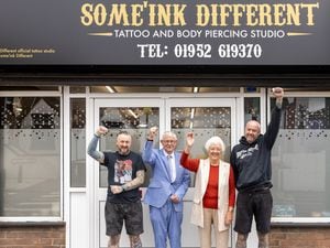 Some’Ink Different business owners Rob Saxon, far left, and Garth Cole-Jones, far right, with Councillors Steve Reynolds and Hilda Rhodes, ward councillors for Oakengates and Ketley Bank.