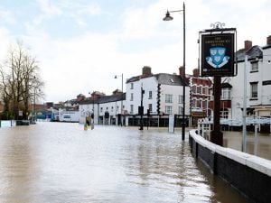 Flooding in Shrewsbury from the River Severn - Mardol Quay, the Shrewsbury Hotel is on the right