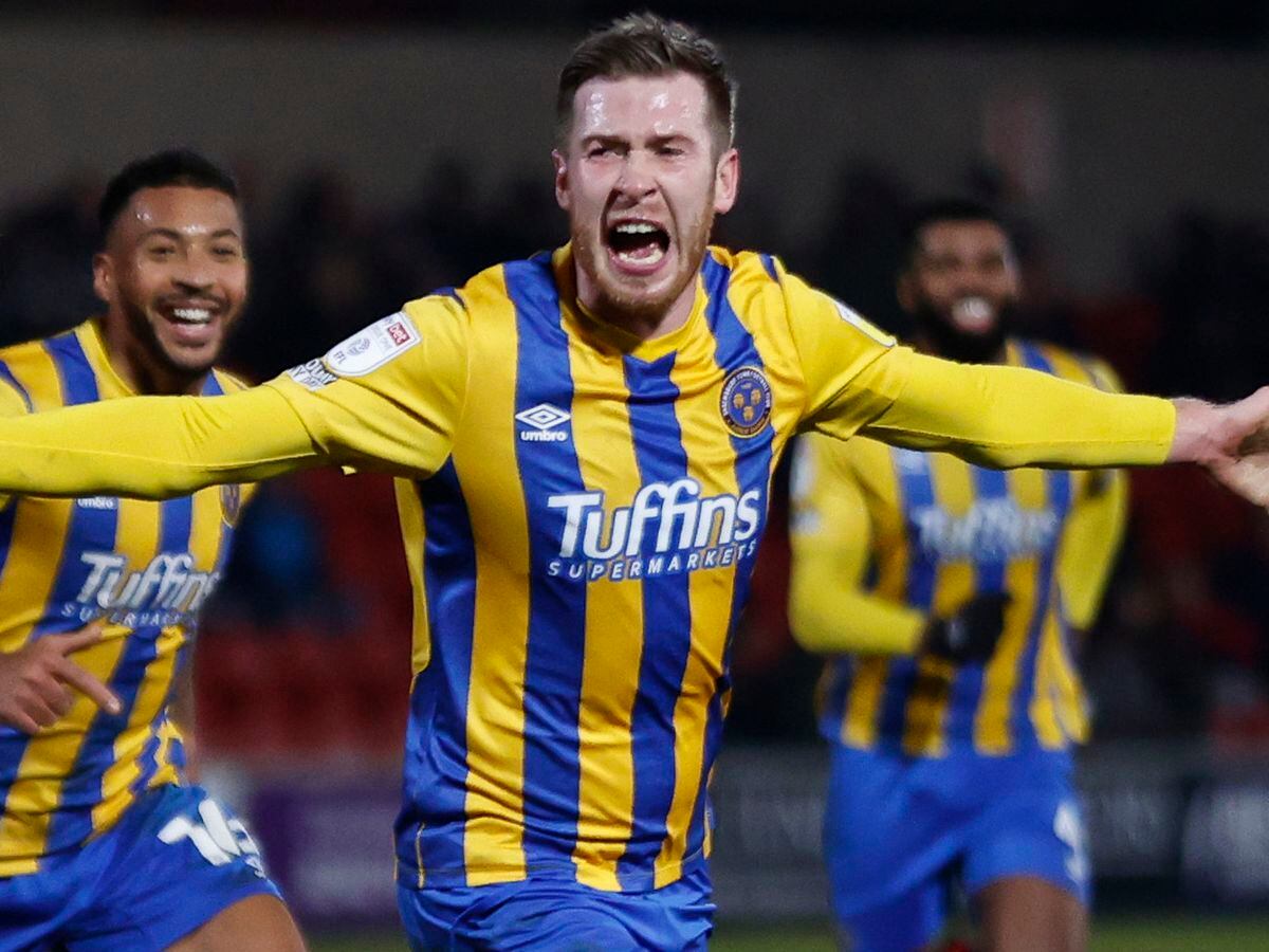Josh Vela scoring for Shrewsbury against Fleetwood on Boxing Day – the Cod Army he is set to join from Salop this summer (AMA)