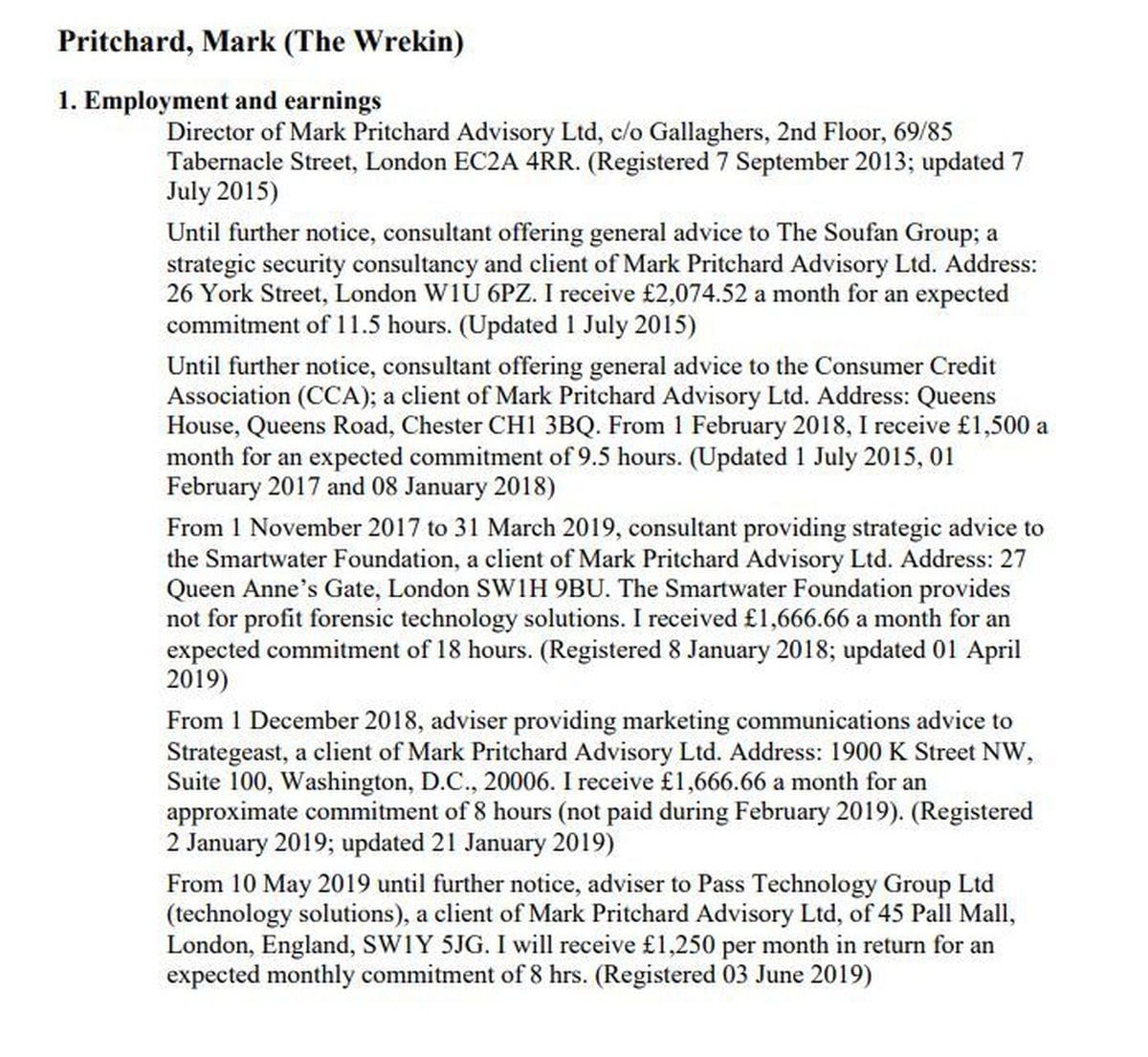 Wrekin MP Mark Pritchard's entry in the MPs' register of interests