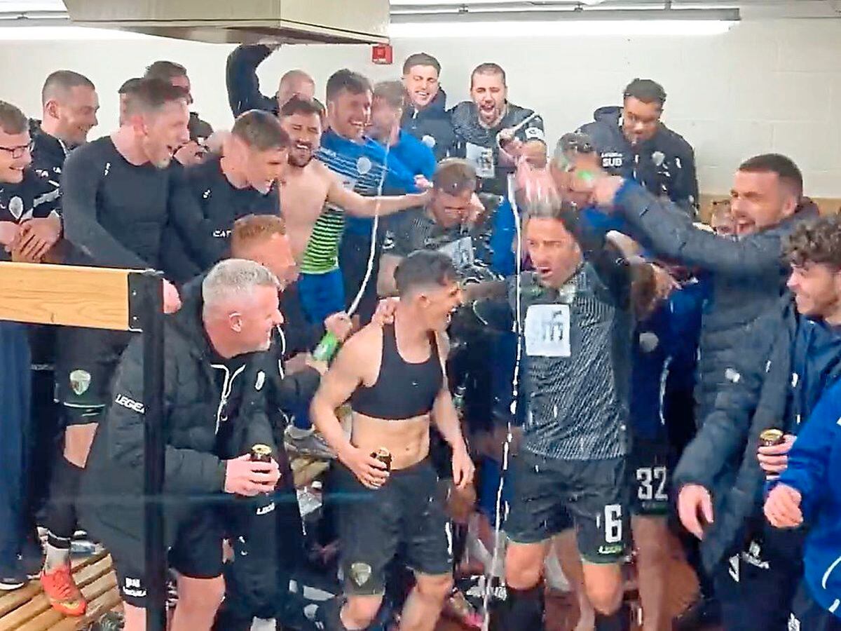 Celebrations in the TNS dressing room after securing their 15th Cymru Premier League title           Pic TNS/Twitter