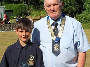 Jarrett Cotterill, Shropshire’s player of the match at home, with county president Mike Potter