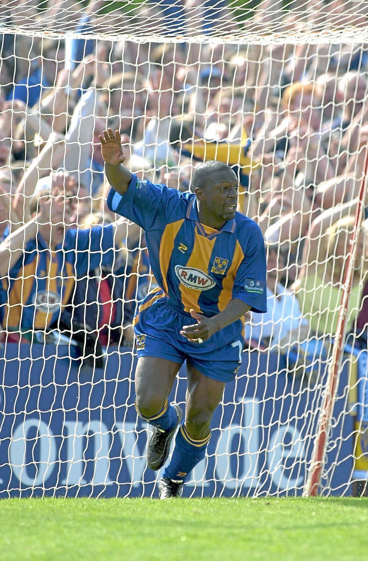 Exeter v Shrewsbury Town, goalscorer Mickey Brown heads off to celebrate his opening goal..