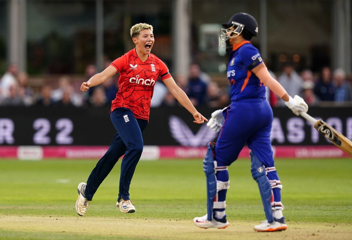England's Issy Wong celebrates taking the wicket of India's Shafali Verma 