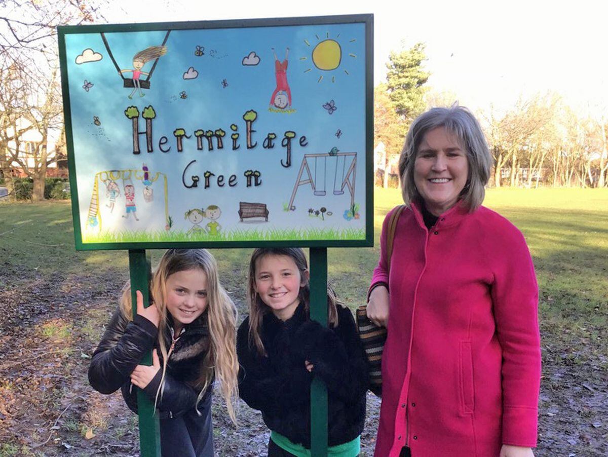 Coleham Primary School pupils Matilda Stuzka and Milly Long with Councillor Kate Halliday at Hermitage Green park
