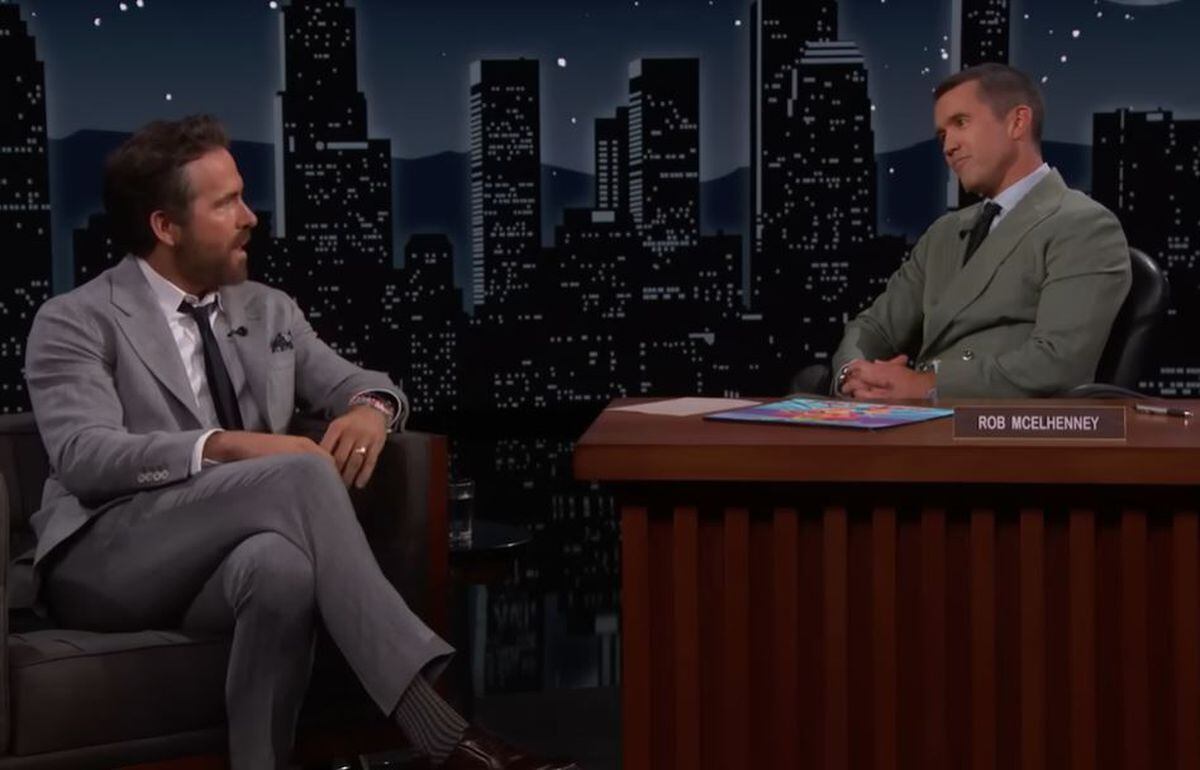 Ryan Reynolds (left) and Rob McElhenney on Jimmy Kimmel Live discussing Wrexham AFC