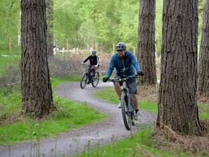 A cyclist gets to grips with the Commonwealth games mountain bike track on Cannock Chase 