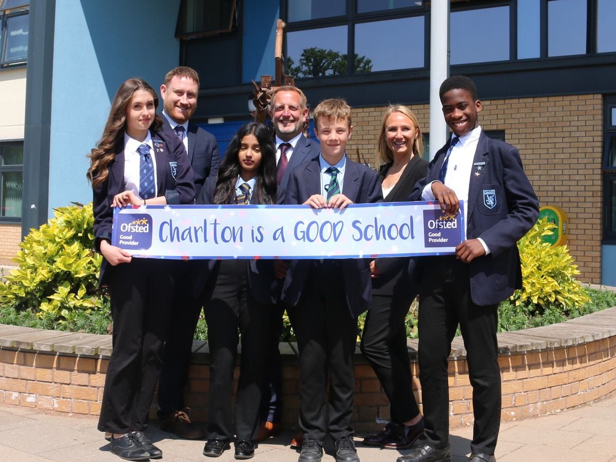 Vice principal James Foster, principal Andy McNaughton, and assistant vice principal Anna Vickers celebrate with pupils Joshua Perry, Zara Sagheer, Lizzie Pearson and Sean Twi-Yeboah.
