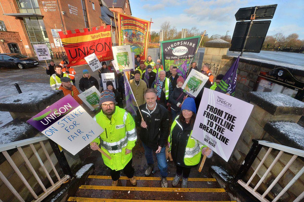 Environment Agency workers on strike at the flood barriers in Frankwell car park, Shrewsbury