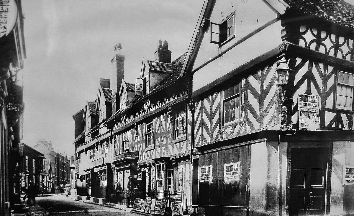 'Market Drayton, Shropshire Street, 1899.' Market Drayton street scene, general view. This is a Francis Frith picture. This is among old pictures and memorabilia in the possession of Mrs June Edwards, of Market Drayton