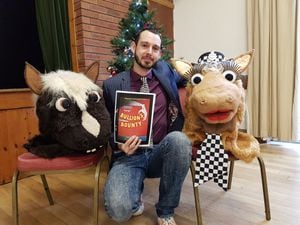 Writer and director Shaun Higgins accompanied by pantomime horses Doom Biscuits and Felicity Fetlock