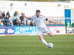 Rob Evans (10) (AFC Telford United Midfielder) getting a shot on goal (Pic: Kieren Griffin Photography).