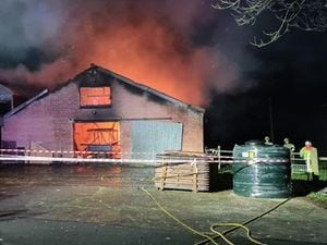 The fire at the building in Berriew. Photo Mid and West Wales Fire Service
