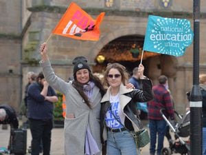 At the rally in Shrewsbury were, from left, Eszter Kovacs and Evie Cartwright