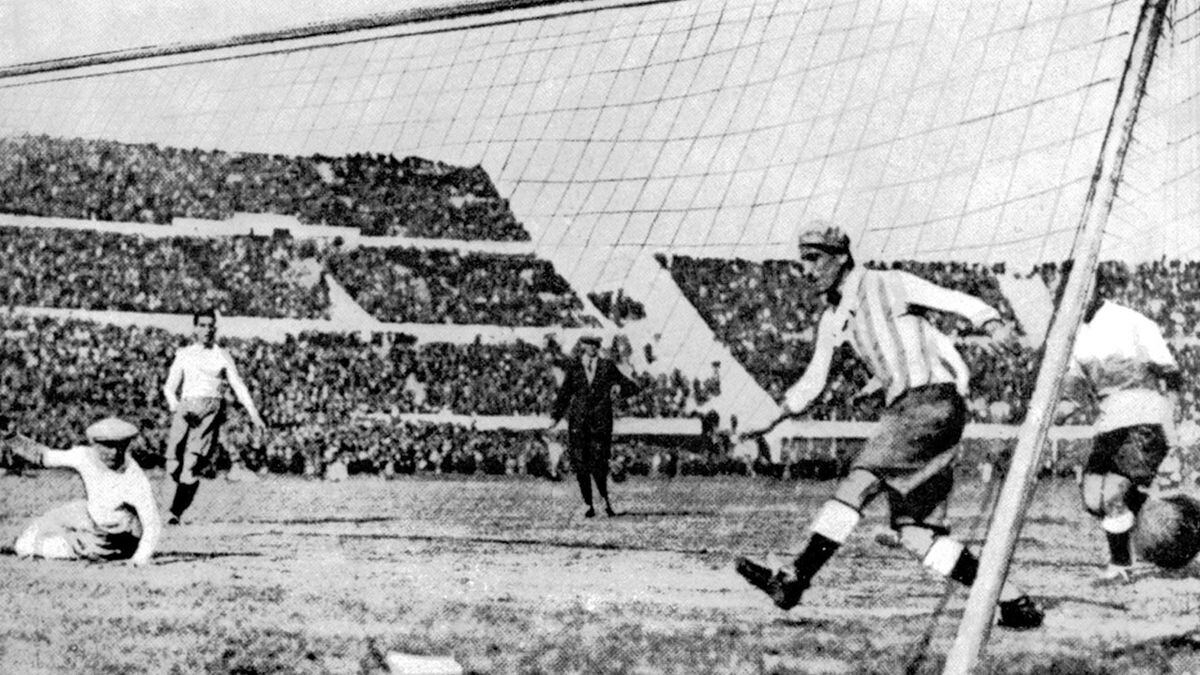 Uruguay's first goal in the World Cup Final against Argentina, in Montevideo, Uruguay, July 30, 1930. Uruguay defeated Argentina by four goals to two. (AP Photo)