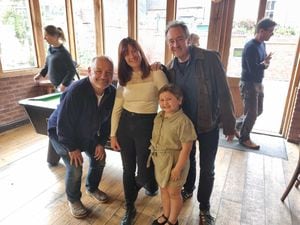 Mike and his family, pictured with Bob Mortimer and Paul Whitehouse 