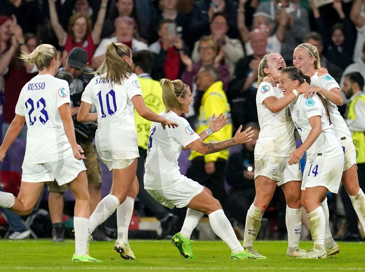 England's Fran Kirby (second right) celebrates scoring her sides fourth goal during the UEFA Women's Euro 2022 semi-final match at Bramall Lane 