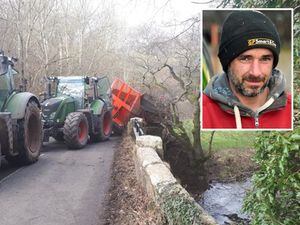 Martin Wood, inset, was the driver of the tractor. Main photo: @SouthShropCops on Twitter.