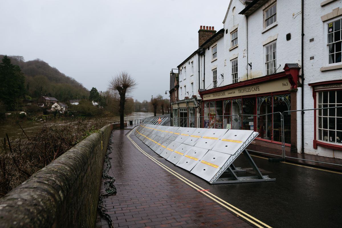 Flood barriers in place at Ironbridge on Tuesday