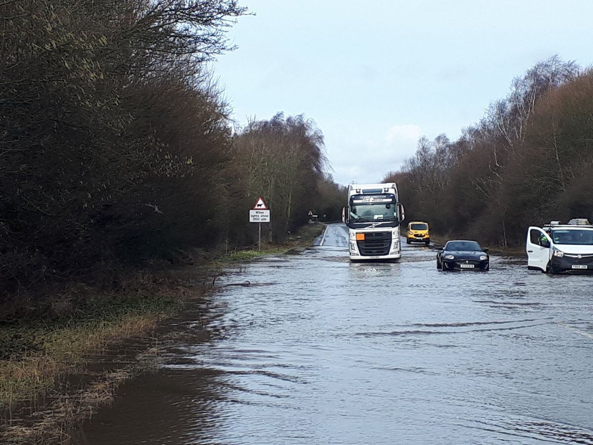 Flooding on the A5 near Oswestry on Monday. Pic by @OsCops