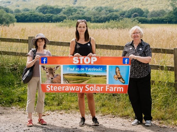 Objecting to the plans for a solar farm are Jocelyn Lewis, centre, with Councillors Angela McClements and Joan Gorse