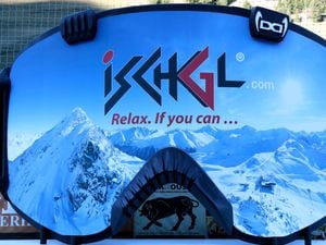 A giant advertising goggle with the slogan ‘relax, if you can’ in Ischgl, Austria