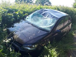 A car was left damaged following the crash involving a cyclist this afternoon. Photo: South Shropshire SNT