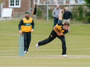 BORDER COPYRIGHT SHROPSHIRE STAR JAMIE RICKETTS 27/06/2021 - Cricket - Shropshire vs Staffordshire - Minor Counties at Oswestry Cricket Club. In Picture: Michael Hill bowling for Staffs.