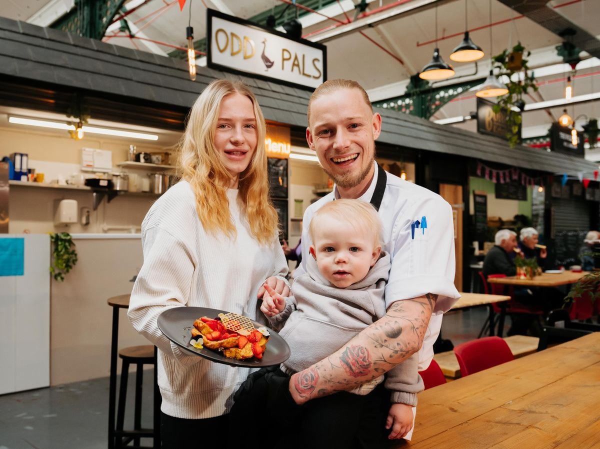 Matthew Palin and Wioleta Odrakiewicz with son, River at their new street food stall in Wellington Market, Odd Pals