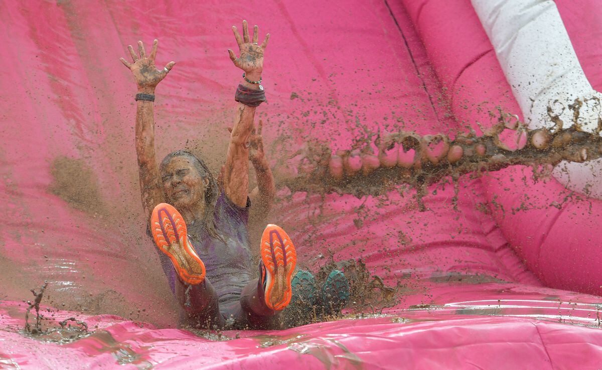 Braving the slide at the end of the course