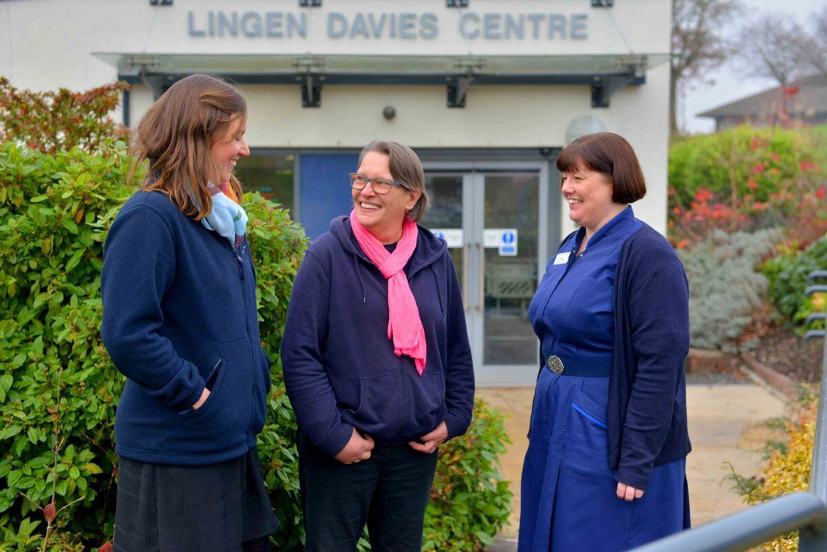 Chief executive of Lingen Davies Cancer Fund Naomi Atkin with survivor Clare Wheatley and matron Angie Cooper