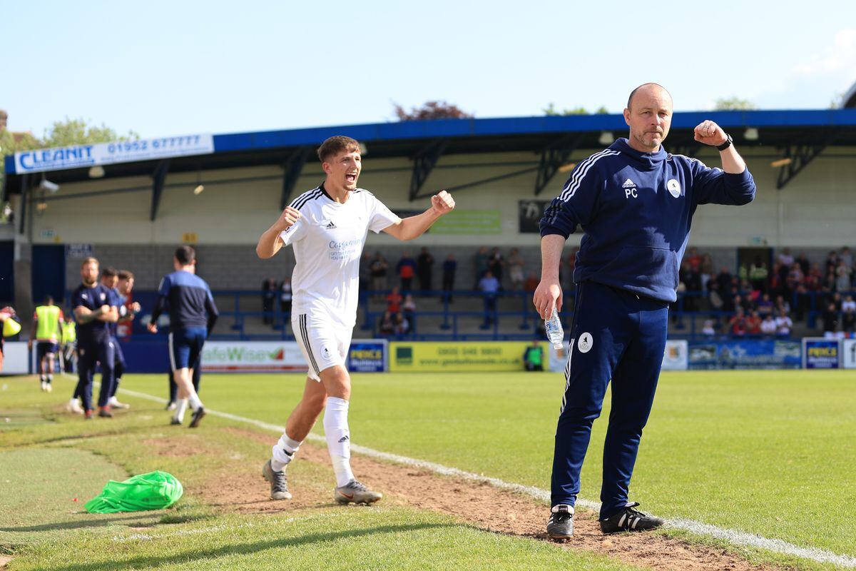 Paul Carden the manager of AFC Telford United celebrates at full time with goalscorer Keaton Ward of AFC Telford United.
