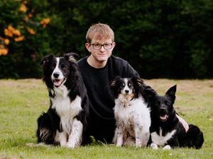 Teenager Max Glover, 14 of Soudley near Market Drayton with his three dogs, Boost (left), Woody (middle) and Beat (right) to compete in an International Agility Competition..