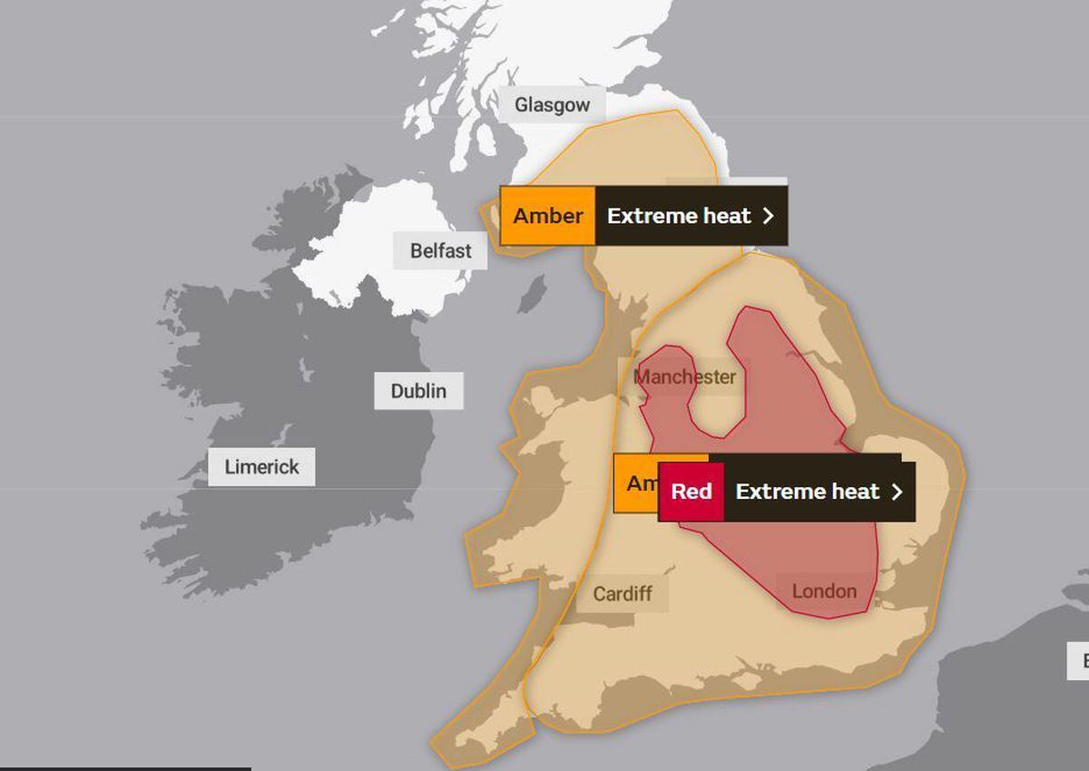 The Met Office's red extreme heat warning in place across parts of England on Monday and Tuesday