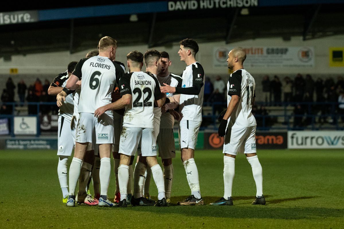 AFC Telford United players celebrate Robbie Evans (12) (AFC Telford United Midfielder) shot from 25 yards that finds the back of the net in the 42nd minute.