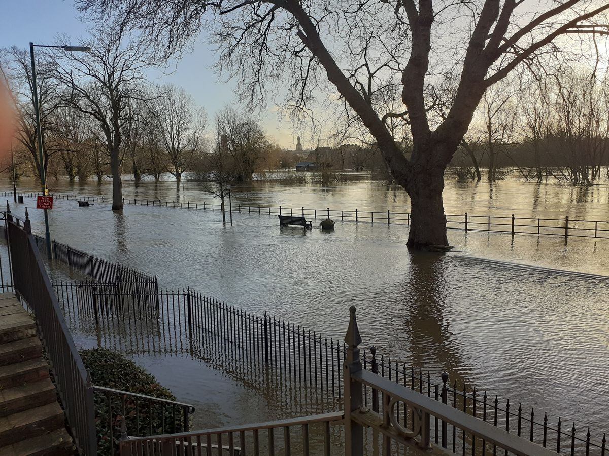 The flooded scene at Coton Hill, Shrewsbury, on Monday afternoon