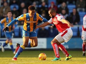 Ivan Toney of Shrewsbury Town and Nathan Pond of Fleetwood Town.