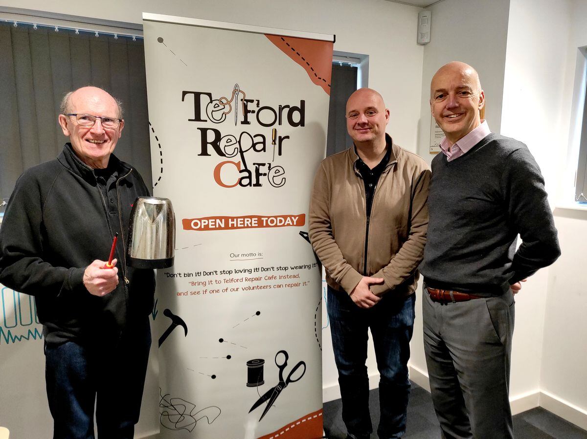 Willie Gormley (Telford Repair Cafe volunteer), Cllr Lee Carter (Telford & Wrekin Council cabinet member for neighbourhood, commercial services and regeneration), and Steve Mitchell (Veolia Regional Director).