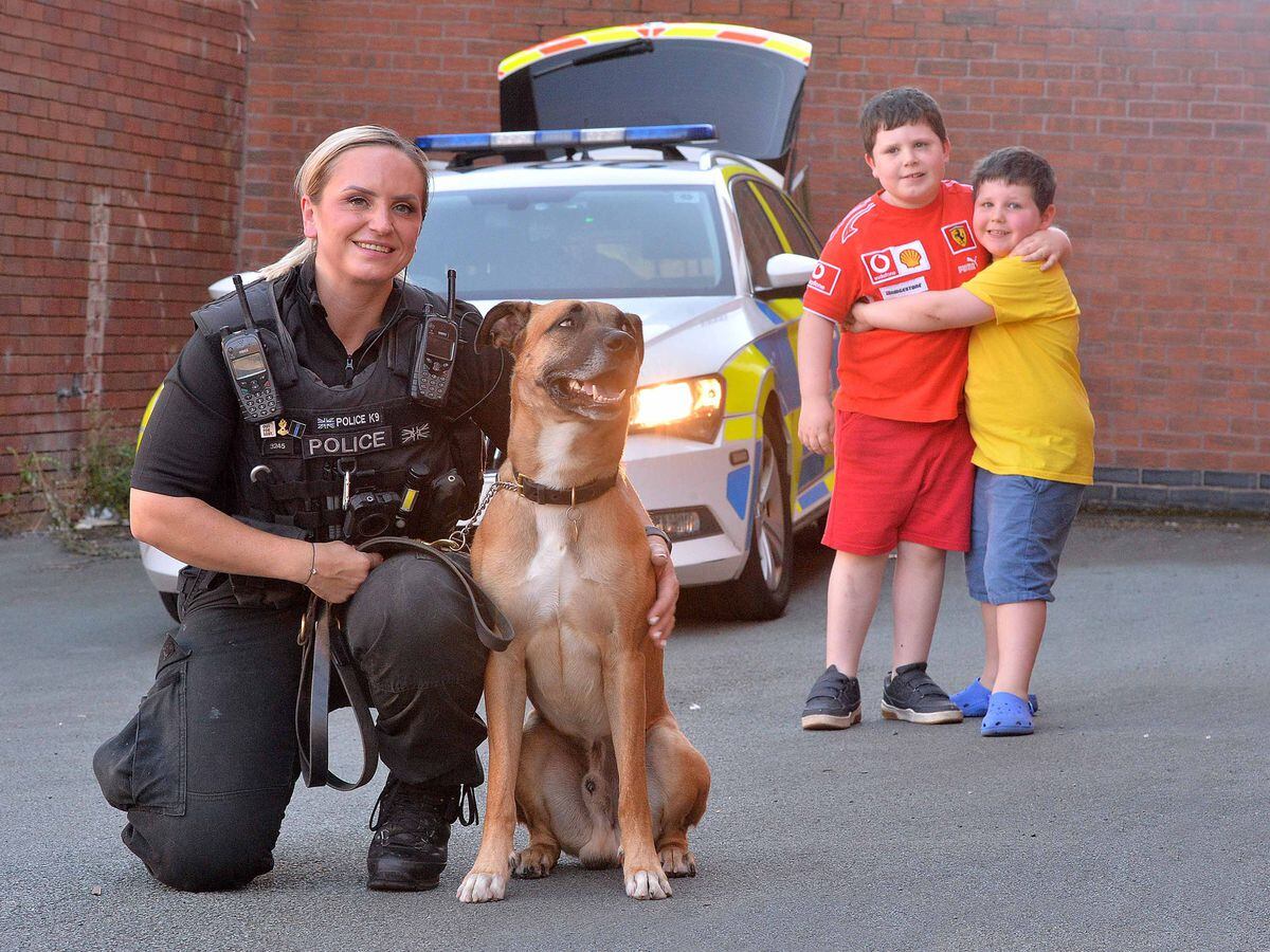 .Pics at Market Drayton Library where Oliver 7 and Tom 5 Danks got to meet Police Dog: Riley and handler: Emma Worrall from Telford