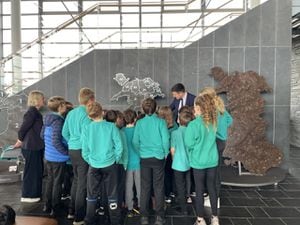 Brecon and Radnorshire Senedd Member James Evans welcoming Dolau pupils to the Senedd earlier this year,
