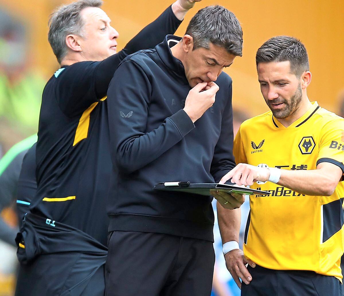 Tactics: Bruno Lage and Joao Moutinho duringthe defeat againstBrighton last week (Getty Images)